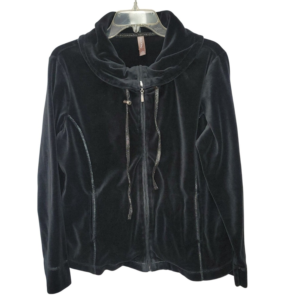 White Stag Velour Zip Up Jacket Women Sz L Black Funnel Neck Y2K Active Cozygoth